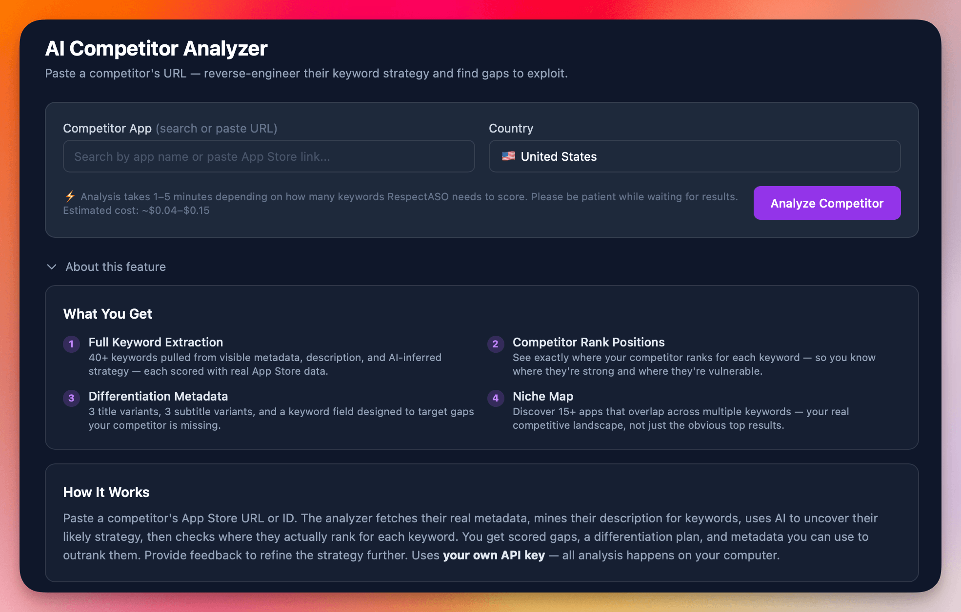 RespectASO AI Competitor Analyzer showing competitor keyword extraction
