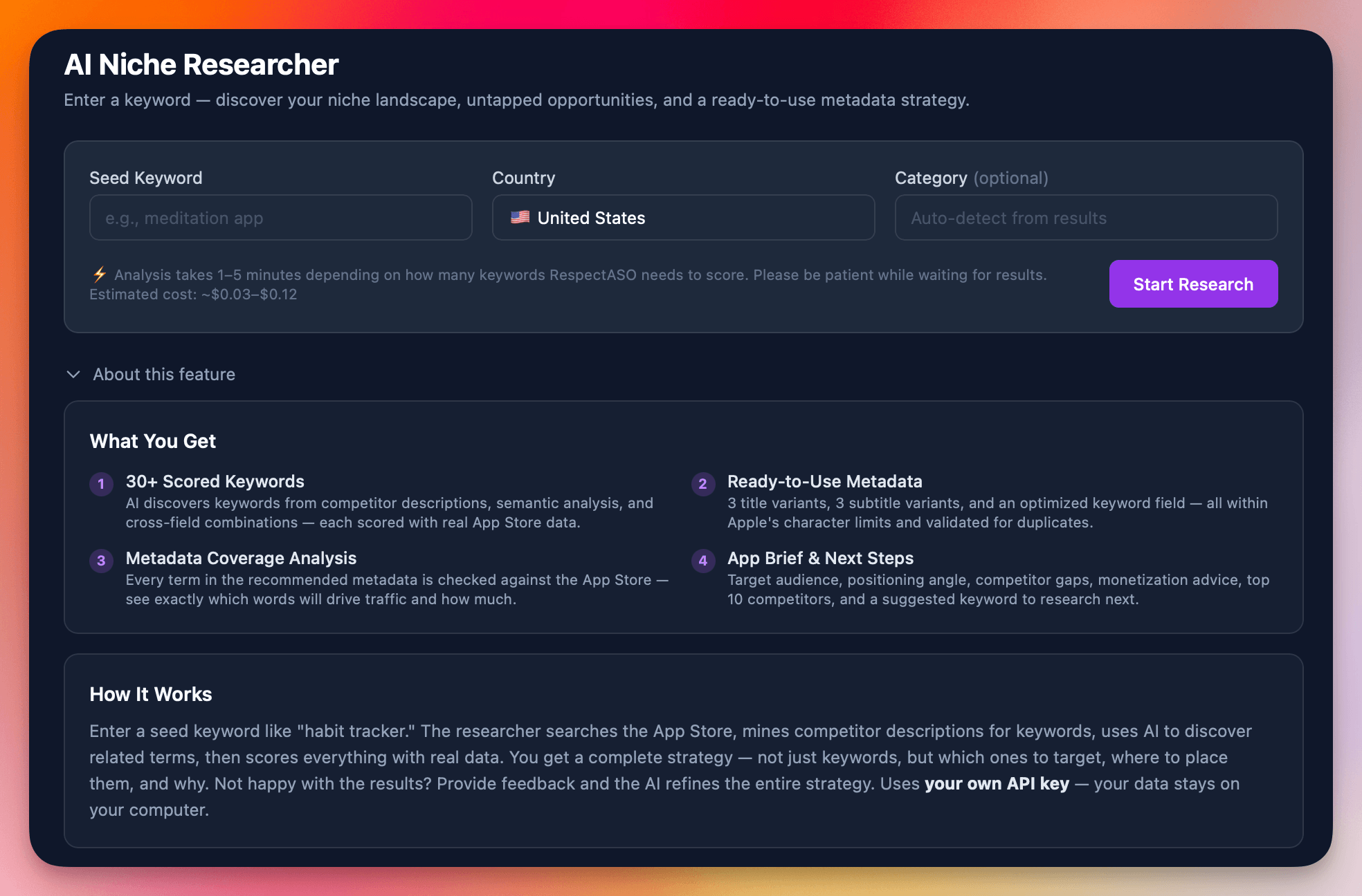 RespectASO AI Niche Researcher showing keyword discovery from a seed keyword